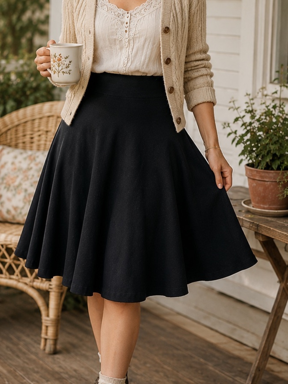 Effie’s Heart Black Knit Flared Skirt XL A-Line Stretch Casual Retro